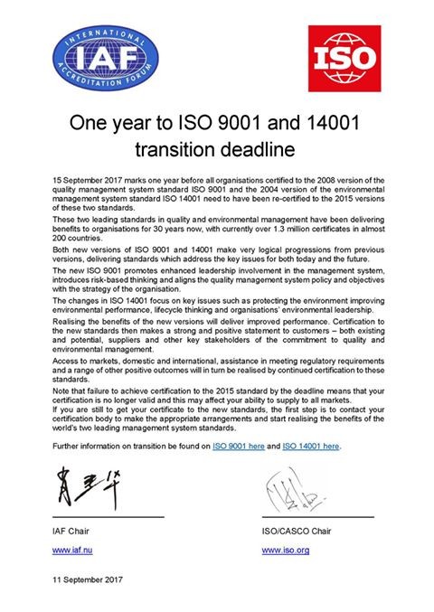 ISO and IAF have just announced the fact that ISO 9001: 2008 and ISO 14001: 2004 are no longer valid in one year.